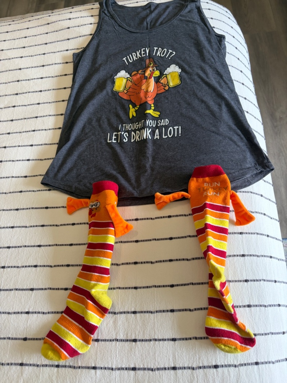 Funny Turkey Trot Graphic Tank — Charcoal with Colorful Turkey Print